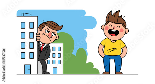 Vector Hand-Drawn Cartoon of Businessman Envying Happy-Go-Lucky Casual Man