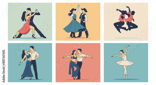 Flat Vector Clip Art Set of Professional Dance Couples for Posters & Dance School Designs