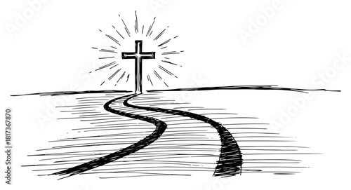 Christian cross on horizon with path vector sketch showing road to salvation and light rays in religious spiritual drawing