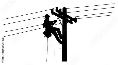Electrician lineman silhouette climbing utility pole to repair power lines black and white vector illustration of maintenance work