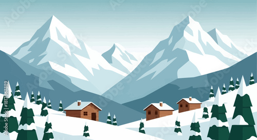 Winter landscape featuring snow-covered mountains, cabins, and evergreen trees.