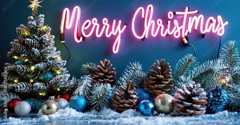 Obraz premium Festive scene depicts Christmas tree, ornaments, pinecones, snow. Bright neon sign displays holiday greeting. Winter ambiance.