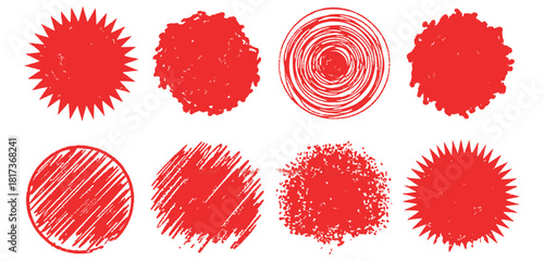 Red oval stamp collection with unique textures and patterns