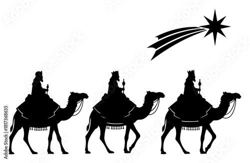 Silhouette illustration of the three wise men riding camels following the star of Bethlehem for the Christmas nativity story