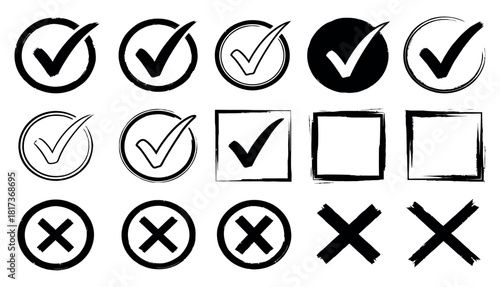 Hand drawn check mark and cross icon set