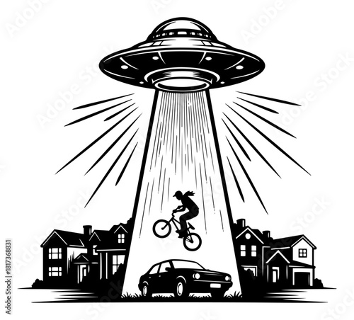 Alien spaceship abduction scene with bicycle rider silhouette hovering in light beam over suburban house and car black and white vector illustration