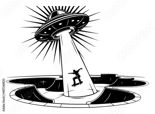 UFO alien spaceship abducting skateboarder silhouette from skate park ramp scene black and white sci-fi vector illustration