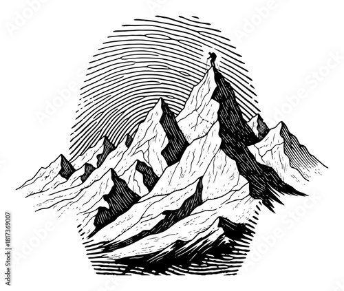 Mountain peak woodcut vector illustration showing climber standing on summit of rocky cliff representing adventure and success in engraving style