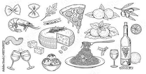 Italian food sketch pasta pizza wine and more
