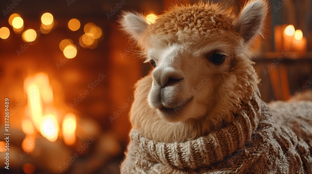 Obraz premium Adorable Alpaca Wearing a Cozy Sweater by a Warm Fireplace.