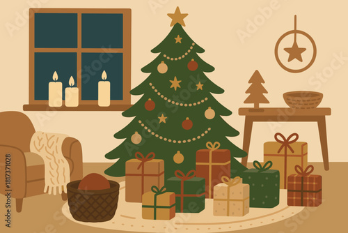 Like room living illustration festive vector decorations wrapped christmas blankets wooden gifts