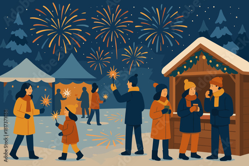 Illustration sipping warm holding people near tents stalls vector winter festive snowy