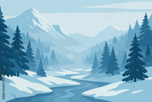 Snowy illustration valley river above floating vector frozen covered serenity through mountain