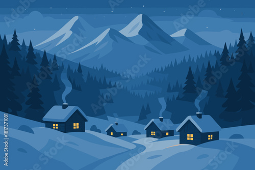 Pine snowy twilight mountain cabins smoking surrounding illustration tones vector village