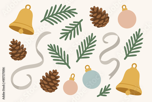 Background fir vector pine decor lay green illustration bells pastel minimalist festive