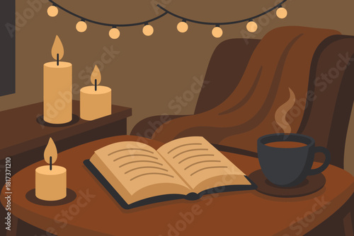 Cozy candlelit vector reading illustration nearby quiet candles atmosphere tea fairy nook
