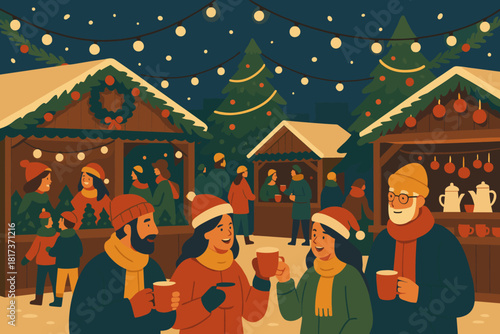 Illustration glowing festive delight lights all drinks vector cheerful scene people market