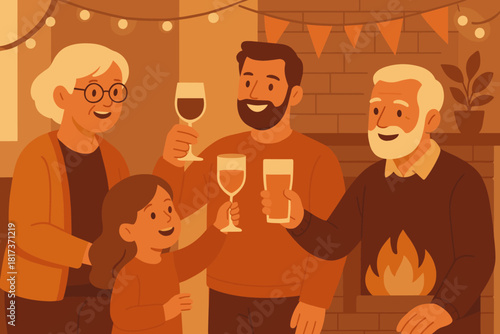 Mood family golden garlands vector lighting drinks joyful illustration creating festive gentle