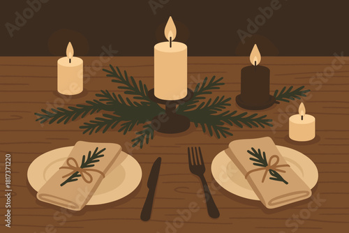Peaceful flickering cozy sprigs illustration dinner creating vector napkins light linen candlelit