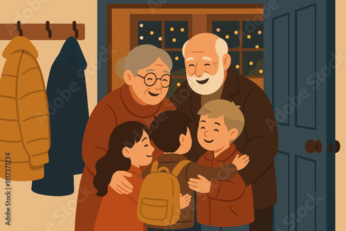 Through lights reunion grandparents shining illustration family hugging house delight coats vector