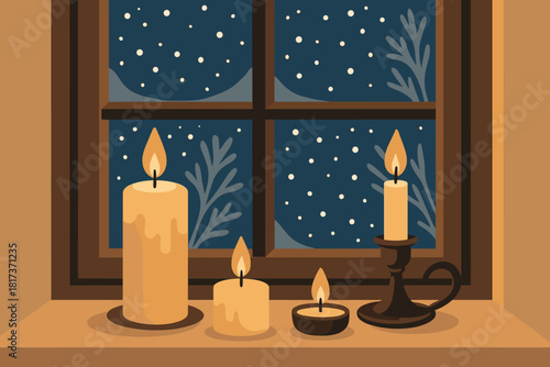 Winter window sill snow illustration falling scene calm serenity candlelit vector creating