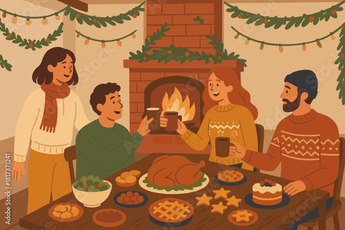 Cozy toasting long celebration people vector winter garlands illustration roaring fireplace filled