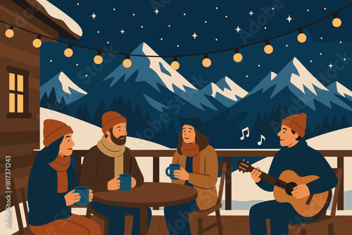 Hot lodge festivity stars illustration music drinks terrace winter lights vector people