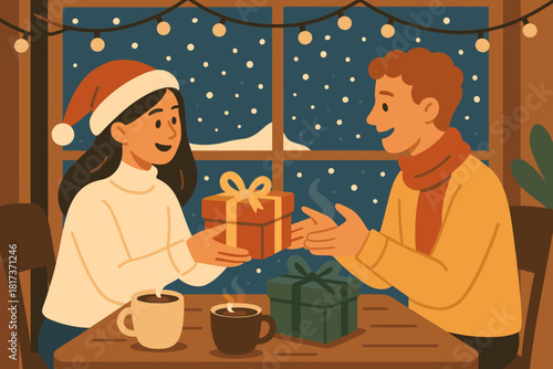 Above outside cafe friends steaming winter illustration gifts celebration snow vector cocoa