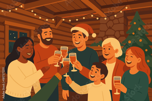 Vector beams evening inside cozy cabin fairy clinking friends illustration celebration log