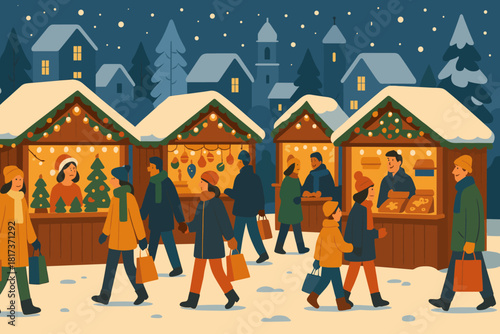 Market cheerful kiosks illustration shopping faces festive light scene vector decorated filled