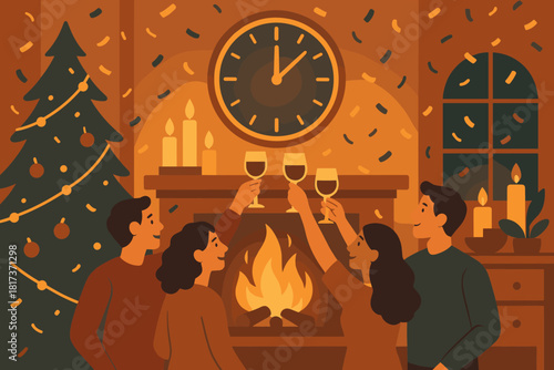 People vector filling light falling near new celebration confetti illustration year glasses