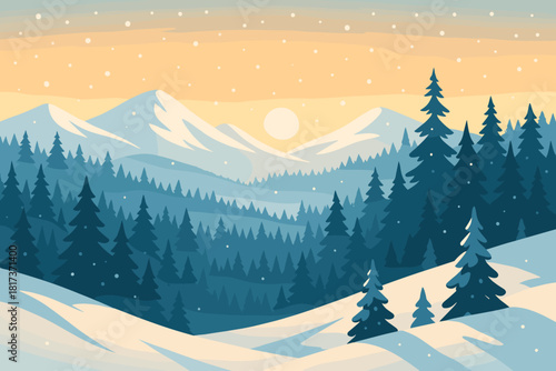 Layers scene snowfall vector mountain wonderland forests winter illustration white horizon landscape