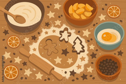 Baking scattered filled vector dust scene shapes holiday fruit illustration bowls mixing