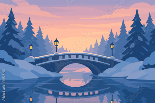 Bridge winter scene vector hues illustration pine ice trees wonderland calm reflecting