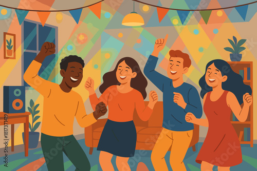 Festive joyful vector living filling dancing decorations smiles illustration off room