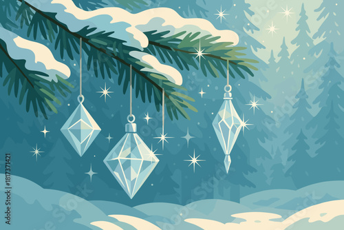 Pine vector across branch illustration frosty winter outdoor delicate crystal snowy ornaments