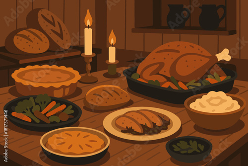 Bread setting holiday feast food illustration flickering wood vector candlelight roasted rustic