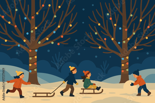 Playing illustration outdoor winter glow wrapped vector sky colorful bright wonderland children