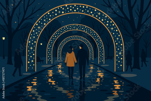Illustration paths hand vector lights glimmering walking under glowing stroll night reflections
