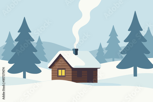 Minimalistic vector cabin around smoke snowy scene serenity calm wooden trees white
