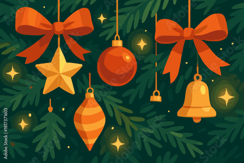 Festive illustration ornaments creating vector holiday warm sparkling decor reflections hanging ribbons