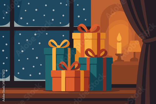 Soft snow vector winter boxes illustration glowing cozy gifts colorful interior ribbons