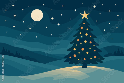 Snowy landscape tree distant shimmering hillside moonlit decorated above festive vector illustration