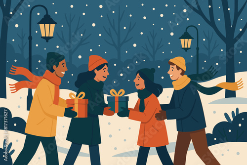 Snow gift cheerful friends vector snowy exchange glowing illustration exchanging mood outdoor