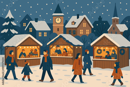 Warm village vector stalls walking wooden evening market illustration snow winter
