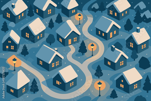 Houses serenity snowy orange illustration glowing view streetlights covered casting cozy vector