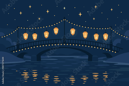 Luminous vector river glowing reflections over twinkling illustration slightly above bridge winter