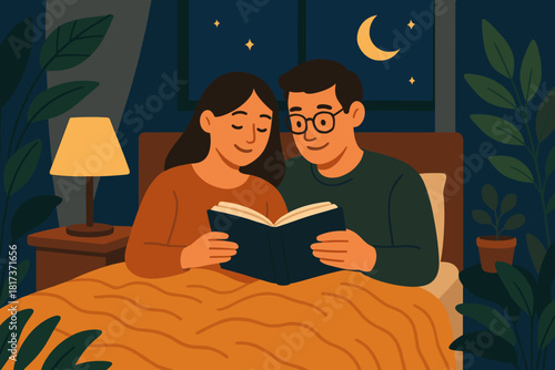 Cozy blankets peaceful reading couple vector night illustration serene lamp bedroom