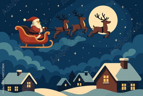 Vector illuminating illustration magical santa his s across sleigh reindeer glowing rooftops