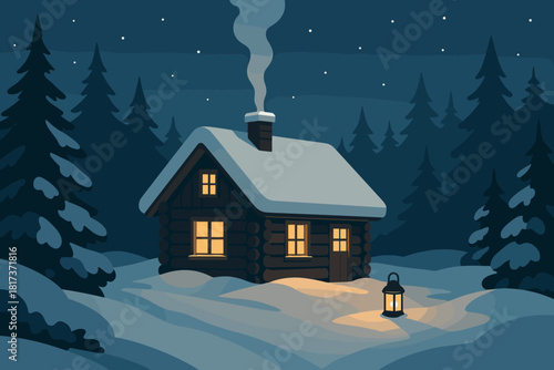 Tranquility illustration vector straight broken sky rising glow lanterns cabin reflecting smoke